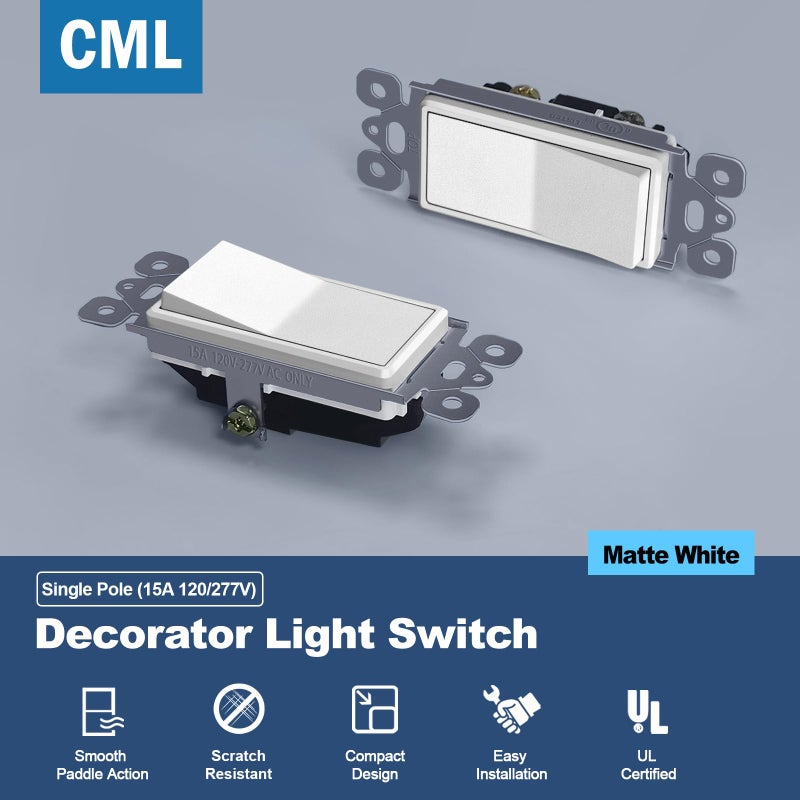 CML Hardware Cml Matte White Decorator Wall Light Switch, Single Pole Rocker Paddle Switch, 15A 120/277V, 3-Year Warranty, Ul Listed - Image 2